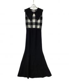 darich（ダーリッチ）の古着「ノースリーブワンピース ビッグカラーギンガムチェックニットロングワンピース」｜ブラック