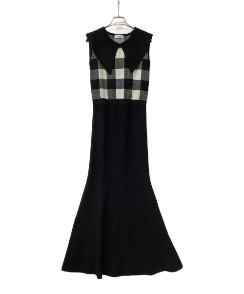 darich（ダーリッチ）darich (ダーリッチ) ノースリーブワンピース ビッグカラーギンガムチェックニットロングワンピース ブラック サイズ:Freeの古着・服飾アイテム