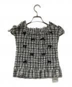 Snidelスナイデル）の古着「ノースリーブブラウス リボンシャーリングTOPS」｜ホワイト×ブラック