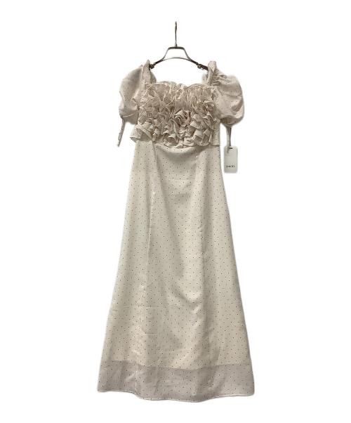 Snidel（スナイデル）Snidel (スナイデル) 半袖ワンピース ボリュームラッフルフリルプリントワンピース ベージュ×ブラックの古着・服飾アイテム