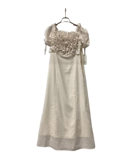 Snidel（スナイデル）Snidel (スナイデル) 半袖ワンピース ボリュームラッフルフリルプリントワンピース ベージュ×ブラックの古着・服飾アイテム