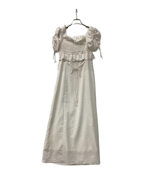 Snidel（スナイデル）Snidel (スナイデル) 半袖ワンピース ボリュームラッフルフリルプリントワンピース ベージュ×ブラックの古着・服飾アイテム