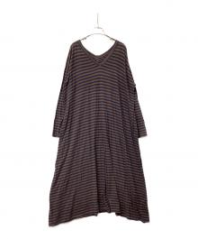 45rpm（45アールピーエム）の古着「長袖ワンピース コットン天竺ボーダーカットソードレス」｜ブラウン×ネイビー