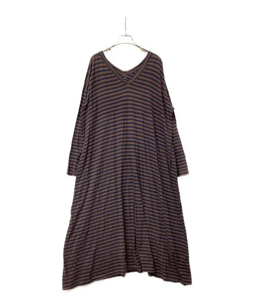 45rpm（45アールピーエム）45rpm (45アールピーエム) 長袖ワンピース コットン天竺ボーダーカットソードレス ブラウン×ネイビーの古着・服飾アイテム