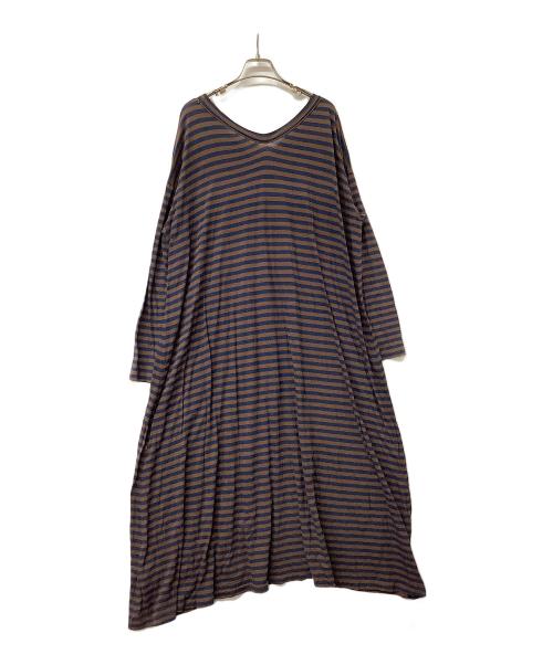 45rpm（45アールピーエム）45rpm (45アールピーエム) 長袖ワンピース コットン天竺ボーダーカットソードレス ブラウン×ネイビーの古着・服飾アイテム