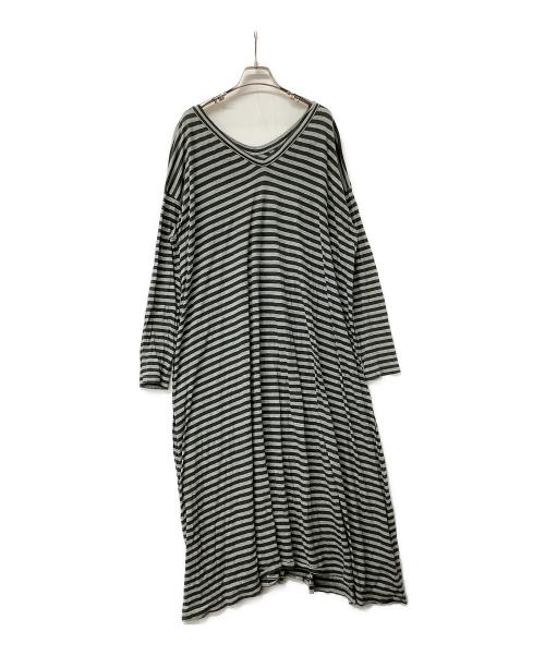 45rpm（45アールピーエム）45rpm (45アールピーエム) 長袖ワンピース コットン天竺ボーダーカットソードレス グレー×ブラックの古着・服飾アイテム