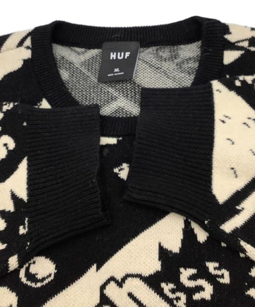 HUF（ハフ）HUF (ハフ) 厚手ニット LUCKY CREWNECK SWEATER ブラック×ベージュ サイズ:XLの古着・服飾アイテム