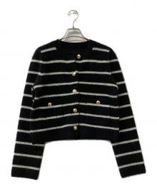 anuans（アニュアンス）の古着「カシミヤブレンドノーカラーニットジャケット」｜ブラック×ホワイト