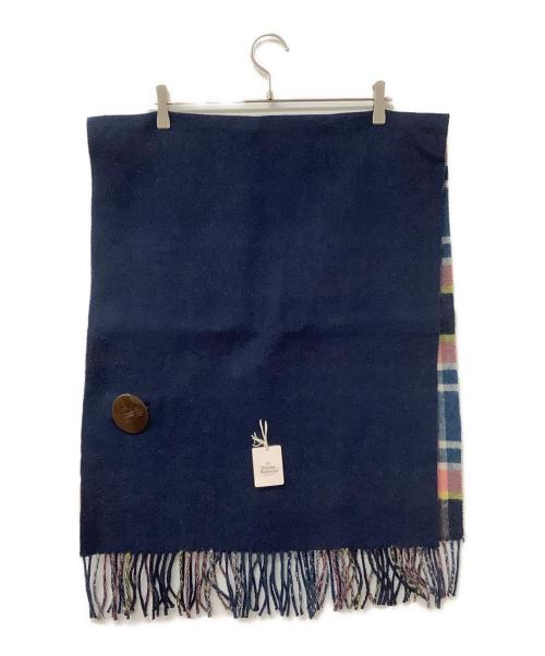 Vivienne Westwood（ヴィヴィアンウエストウッド）Vivienne Westwood (ヴィヴィアンウエストウッド) マフラー ボタン付きチェック柄ストール ネイビーの古着・服飾アイテム