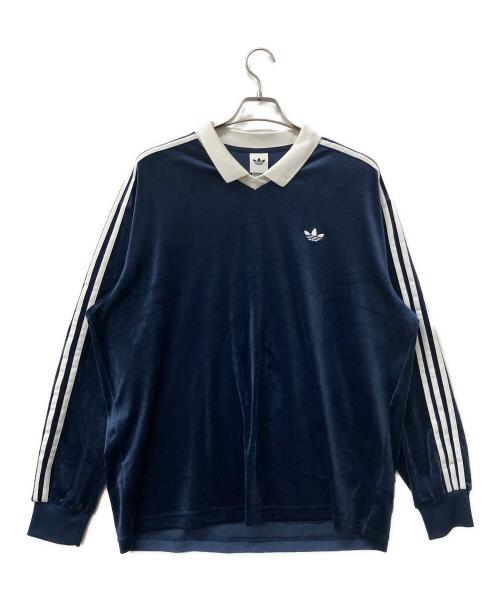 adidas（アディダス）adidas (アディダス) シャツ ベロア長袖ポロシャツ ブルー×ホワイト サイズ:2XLの古着・服飾アイテム