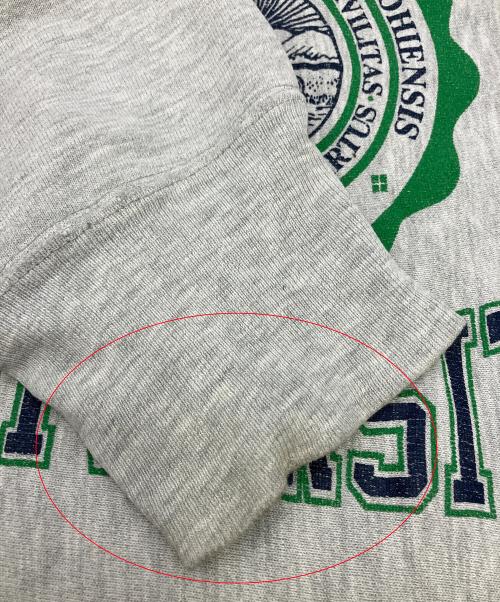 Champion（チャンピオン）Champion (チャンピオン) クルーネックスウェット　リバースウィーブ　80's後期/染み込みプリント/MADE IN USA@　 グレー×グリーン サイズ:XLの古着・服飾アイテム
