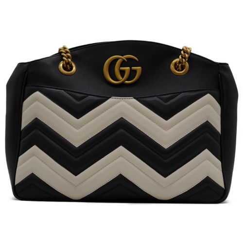 GUCCI（グッチ）GUCCI (グッチ) チェーントートバッグ ブラック×ホワイト GGマーモント 443501 レザー 493075の古着・服飾アイテム