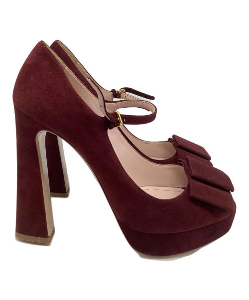 MIU MIU（ミュウミュウ）MIU MIU (ミュウミュウ) オープントゥ・ストラップスェードパンプス ボルドー サイズ:371/2の古着・服飾アイテム