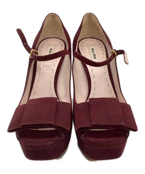 MIU MIU（ミュウミュウ）MIU MIU (ミュウミュウ) オープントゥ・ストラップスェードパンプス ボルドー サイズ:371/2の古着・服飾アイテム