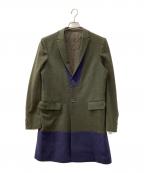 KOLORカラー）の古着「バイカラー ピークドナローラペル ツイード 2B チェスターコート」｜カーキ×ネイビー