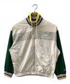 LACOSTEラコステ）の古着「ボーダーリブニットネックジップアップジャケット」｜グリーン×ベージュ
