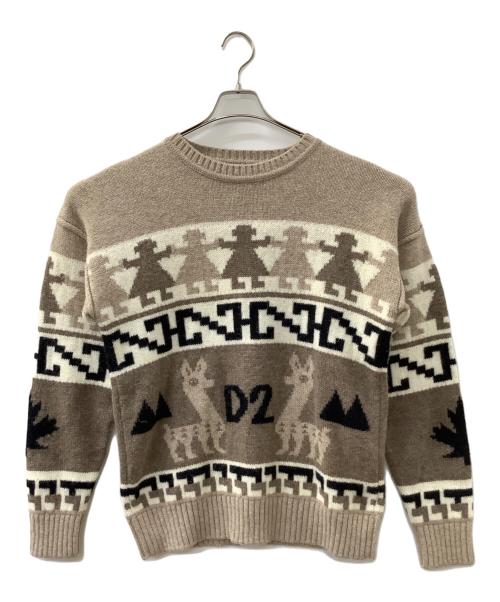 DSQUARED2（ディースクエアード）DSQUARED2 (ディースクエアード) ミドルゲージアルパカクルーネックインディオンニット ベージュ サイズ:Lの古着・服飾アイテム