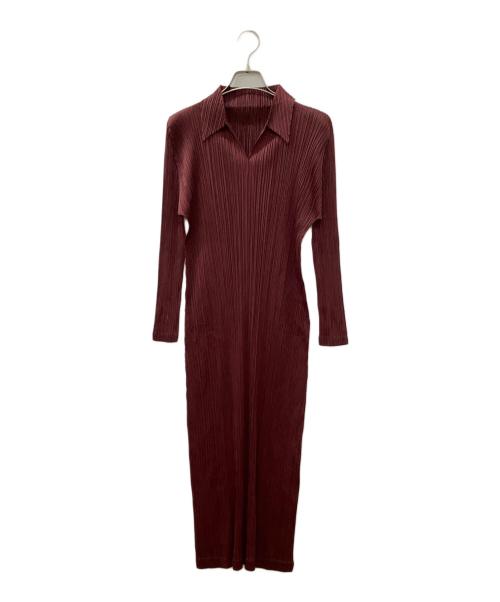 PLEATS PLEASE（プリーツプリーズ）PLEATS PLEASE (プリーツプリーズ) スキッパーシャツワンピ ワインレッド サイズ:3の古着・服飾アイテム