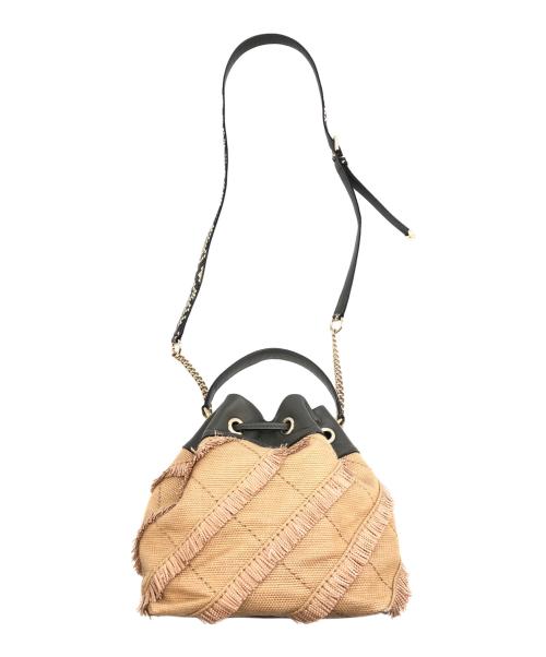 JIMMY CHOO（ジミーチュウ）JIMMY CHOO (ジミーチュウ) 巾着ショルダーバッグ ベージュ×グレーの古着・服飾アイテム