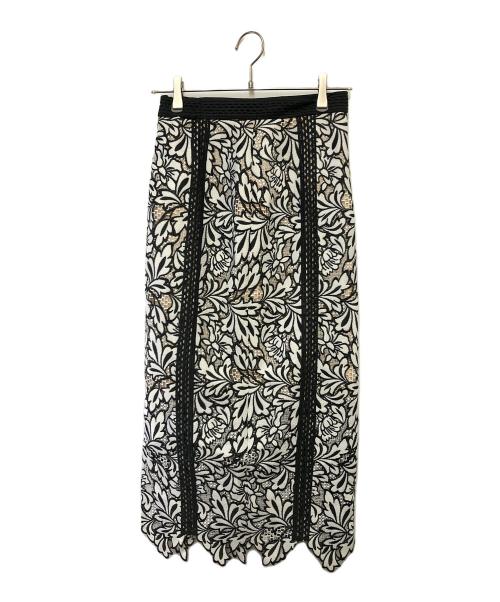 FRAY ID（フレイ アイディー）FRAY ID (フレイ アイディー) ケミカルレースロングタイトスカート ホワイト×ブラック×ベージュ サイズ:1サイズの古着・服飾アイテム