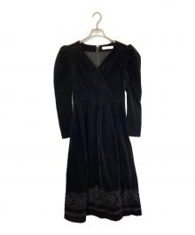 HER LIP TO（ハーリップトゥ）の古着「Embroidered Velour Midi Dress/ベロアドレス/長袖ワンピース」｜ブラック