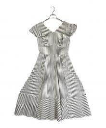 HER LIP TO（ハーリップトゥ）の古着「ノースリーブワンピース/Kerry Striped Ruffle Dress/」｜ホワイト×ネイビー