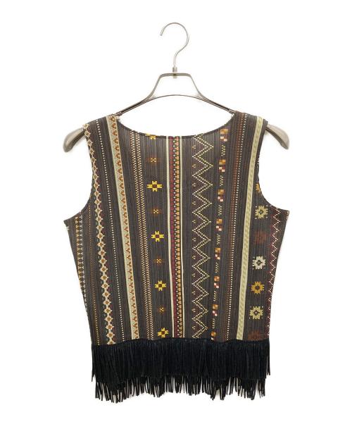 PLEATS PLEASE（プリーツプリーズ）PLEATS PLEASE (プリーツプリーズ) 裾フリンジノースリーブブラウス ブラウン サイズ:4の古着・服飾アイテム