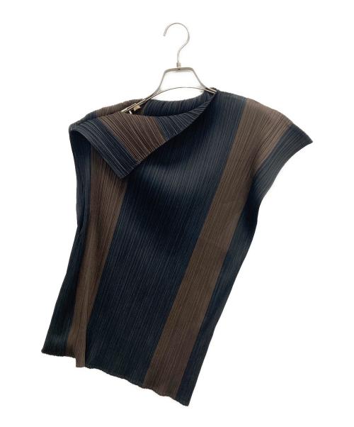 PLEATS PLEASE（プリーツプリーズ）PLEATS PLEASE (プリーツプリーズ) アシンメトリープリーツカットソー ブラウン×ブラック サイズ:SIZE 3の古着・服飾アイテム