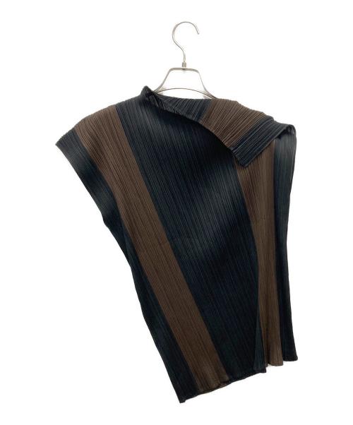 PLEATS PLEASE（プリーツプリーズ）PLEATS PLEASE (プリーツプリーズ) アシンメトリープリーツカットソー ブラウン×ブラック サイズ:SIZE 3の古着・服飾アイテム