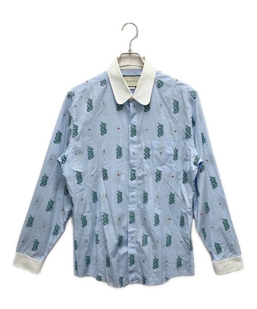 GUCCI（グッチ）GUCCI (グッチ) スネーク刺繍マイクロチェック長袖ボタンシャツ スカイブルー サイズ:SIZE Mの古着・服飾アイテム