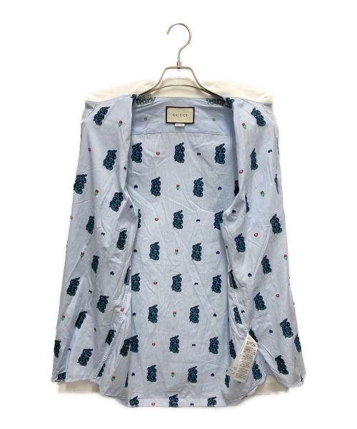 GUCCI（グッチ）GUCCI (グッチ) スネーク刺繍マイクロチェック長袖ボタンシャツ スカイブルー サイズ:SIZE Mの古着・服飾アイテム
