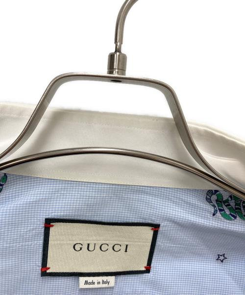 GUCCI（グッチ）GUCCI (グッチ) スネーク刺繍マイクロチェック長袖ボタンシャツ スカイブルー サイズ:SIZE Mの古着・服飾アイテム