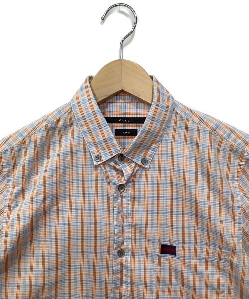 GUCCI（グッチ）GUCCI (グッチ) 半袖チェックシャツ ブルー×オレンジ サイズ:サイズ表記なしの為、およそのサイズ表記です。の古着・服飾アイテム