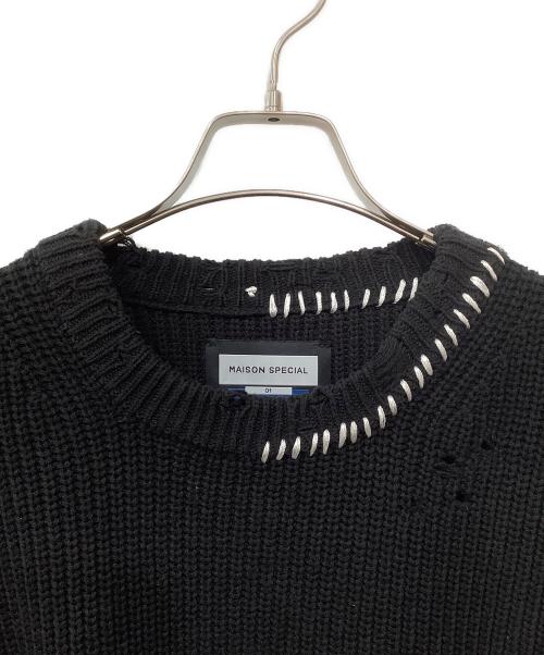 MAISON SPECIAL（メゾンスペシャル）MAISON SPECIAL (メゾンスペシャル) Embroidery Damage Prime-Over Crew Neck Knit Pullover ブラック サイズ:01の古着・服飾アイテム