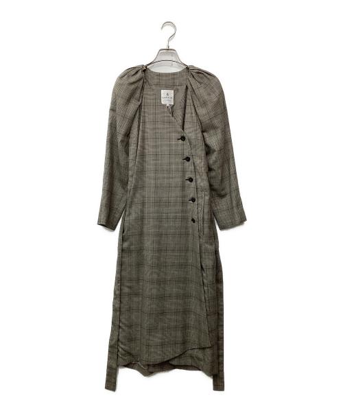 LANVIN en Bleu（ランバンオンブルー）LANVIN en Bleu (ランバンオンブルー) タックスリーブチェックロングコート ブラウン×オレンジ サイズ:38の古着・服飾アイテム