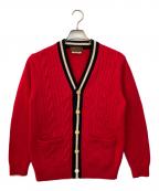 TOMORROW LAND tricotトゥモローランド トリコ）の古着「ウール ケーブルVネックチルデンカーディガン」｜レッド×ブラック×ホワイト