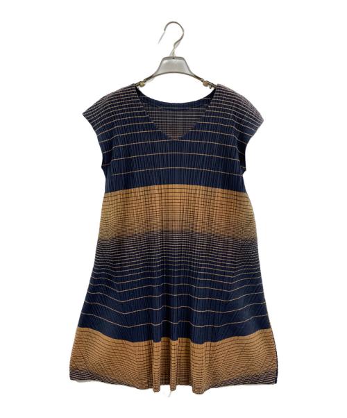 PLEATS PLEASE（プリーツプリーズ）PLEATS PLEASE (プリーツプリーズ) PLEATS PLEASE　プリーツワンピース ネイビー×ブラウン サイズ:3の古着・服飾アイテム