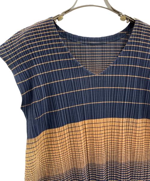 PLEATS PLEASE（プリーツプリーズ）PLEATS PLEASE (プリーツプリーズ) PLEATS PLEASE　プリーツワンピース ネイビー×ブラウン サイズ:3の古着・服飾アイテム
