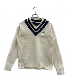 FRED PERRY（フレッドペリー）の古着「FRED PERRY　ストライプド Vネックニット」｜ベージュ