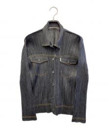 PLEATS PLEASE（プリーツプリーズ）の古着「デニム転写プリントステッチジャケット」｜ブラック