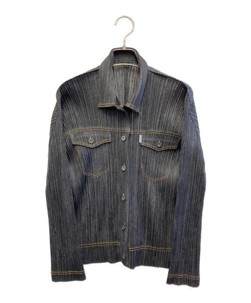 PLEATS PLEASE（プリーツプリーズ）PLEATS PLEASE (プリーツプリーズ) デニム転写プリントステッチジャケット ブラック サイズ:3の古着・服飾アイテム