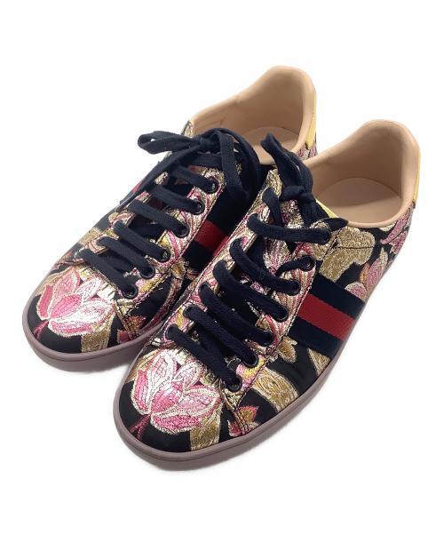 GUCCI（グッチ）GUCCI (グッチ) ジャガードフラワースニーカー パープル×ゴールド サイズ:SIZE 36 1/2の古着・服飾アイテム