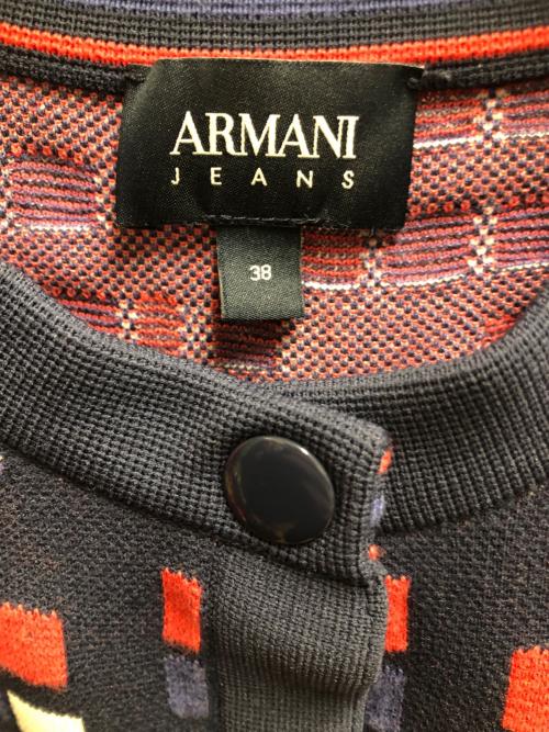 ARMANI JEANS（アルマーニジーンズ）ARMANI JEANS (アルマーニジーンズ) ニットカーディガン ネイビー×レッド サイズ:SIZE 38の古着・服飾アイテム