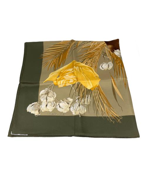 HERMES（エルメス）HERMES (エルメス) カレ90　王妃のターバン　スカーフ オリーブ×ブラウンの古着・服飾アイテム