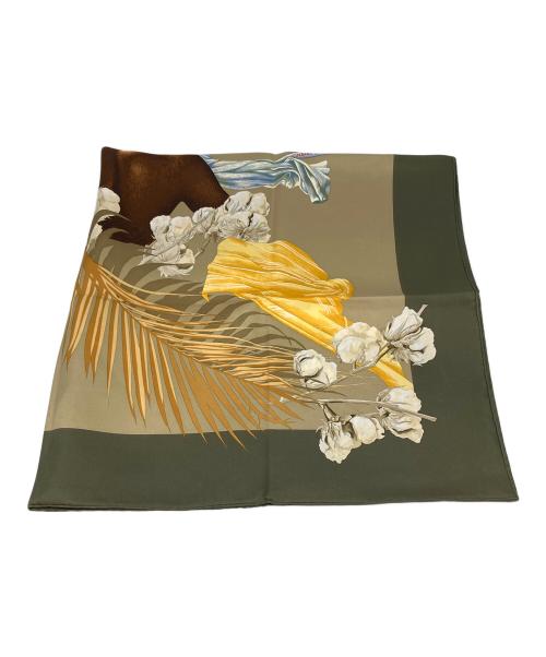 HERMES（エルメス）HERMES (エルメス) カレ90　王妃のターバン　スカーフ オリーブ×ブラウンの古着・服飾アイテム