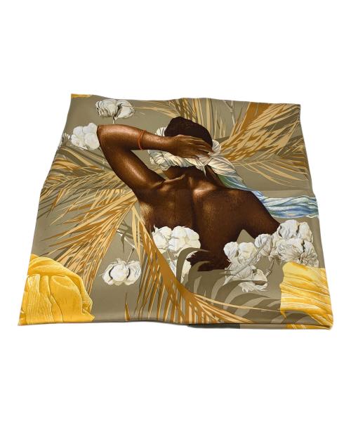 HERMES（エルメス）HERMES (エルメス) カレ90　王妃のターバン　スカーフ オリーブ×ブラウンの古着・服飾アイテム