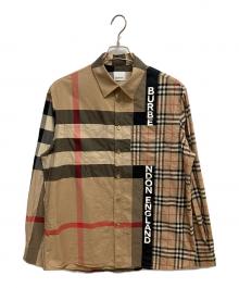 BURBERRY（バーバリー）の古着「ロゴパッチワークプリント長袖シャツ」｜ベージュ