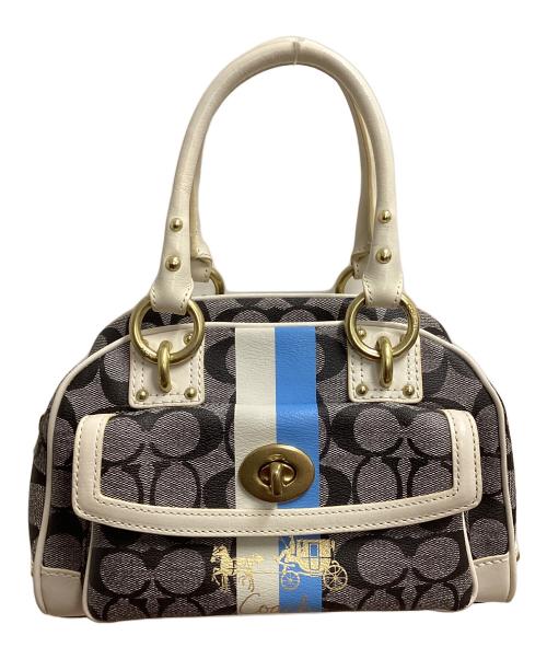 COACH（コーチ）COACH (コーチ) ヘリテージ ストライプ スモール ドームド サッチェル ハンドバッグ ブラック×ホワイトの古着・服飾アイテム