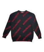BALENCIAGAバレンシアガ）の古着「総柄BALENCIAGAスラッシュロゴ付クルーネックニット」｜ブラック×レッド