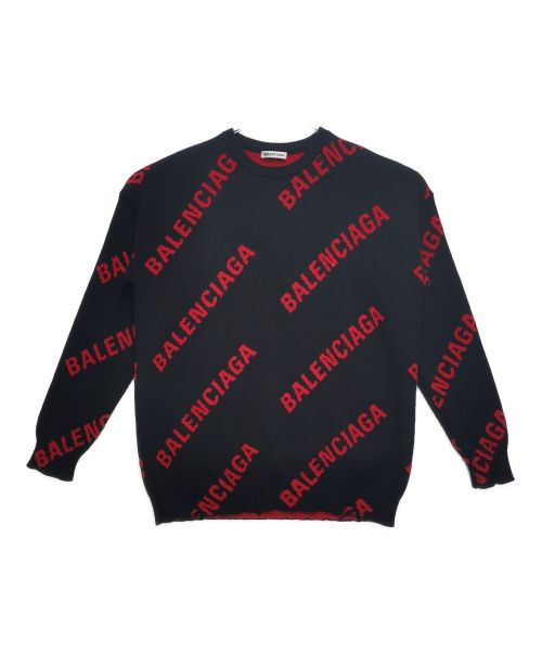 BALENCIAGA（バレンシアガ）BALENCIAGA (バレンシアガ) 総柄BALENCIAGAスラッシュロゴ付クルーネックニット ブラック×レッド サイズ:XSの古着・服飾アイテム